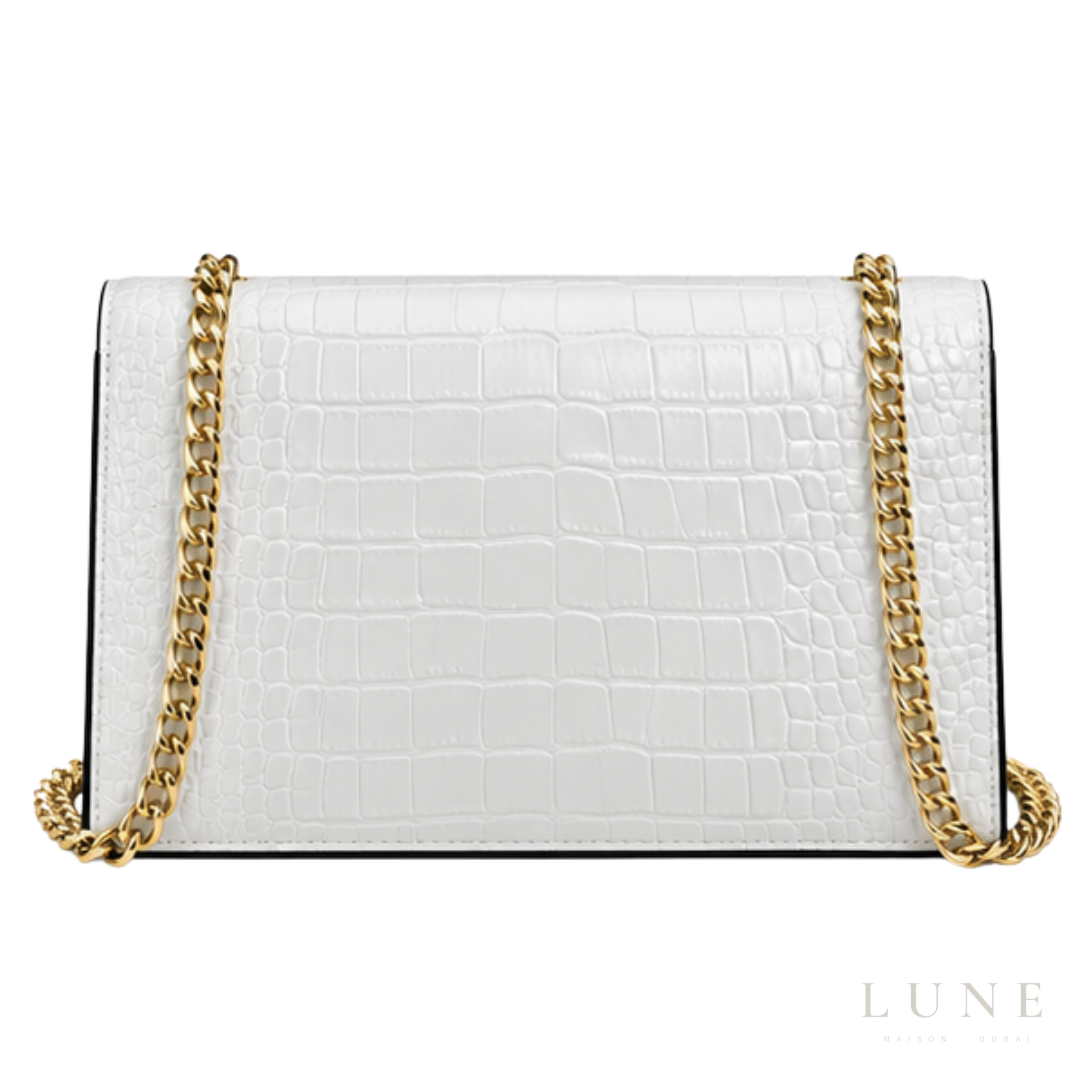 Saint Laurent Bag | (YSL) – Cassandra Medium Chain Wallet (Envelope Shoulder Bag) – White (Croc-Embossed Leather with gold-tone hardware)