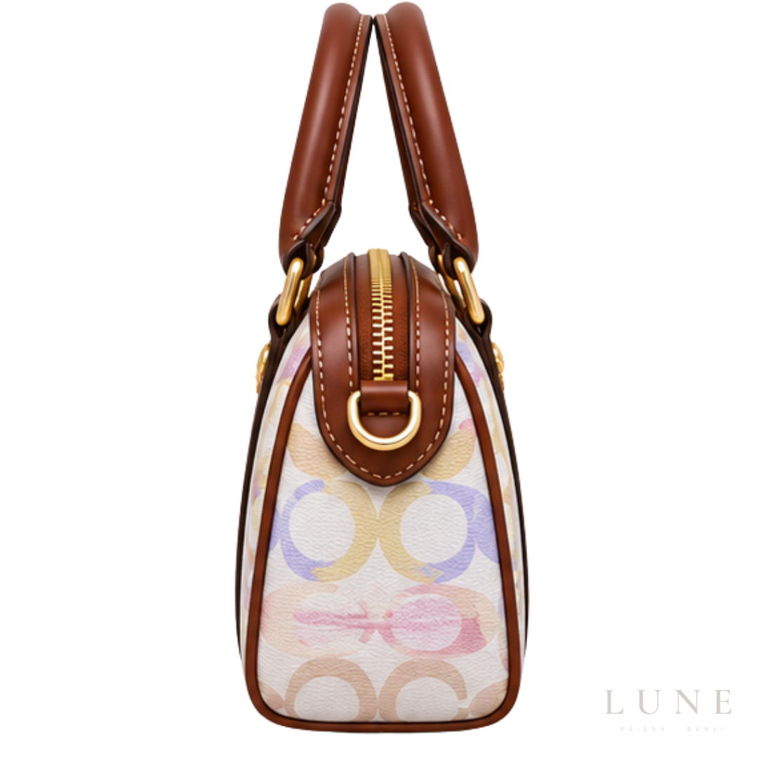 Coach Bag | Micro Rowan Satchel – Pastel Multicolor (Watercolor Signature canvas with tan leather trim)