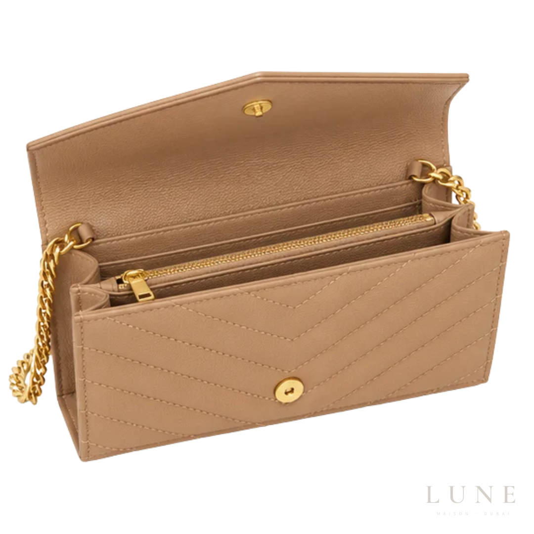 Saint Laurent Bag | (YSL) – Cassandre Matelassé Wallet on Chain (Envelope Chain Wallet) – Beige (Dark Beige – Dark Natural grain de poudre leather with gold-tone hardware)