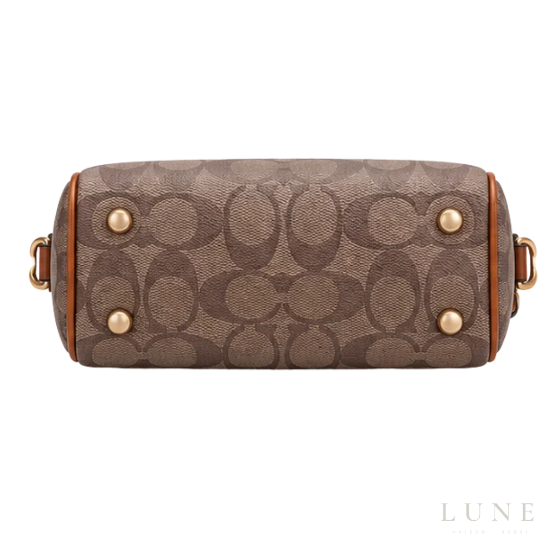Coach Bag | Micro Rowan Satchel – Khaki – Saddle (Signature coated canvas with brown leather handles and trim)