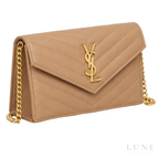 Saint Laurent Bag | (YSL) – Cassandre Matelassé Wallet on Chain (Envelope Chain Wallet) – Beige (Dark Beige – Dark Natural grain de poudre leather with gold-tone hardware)