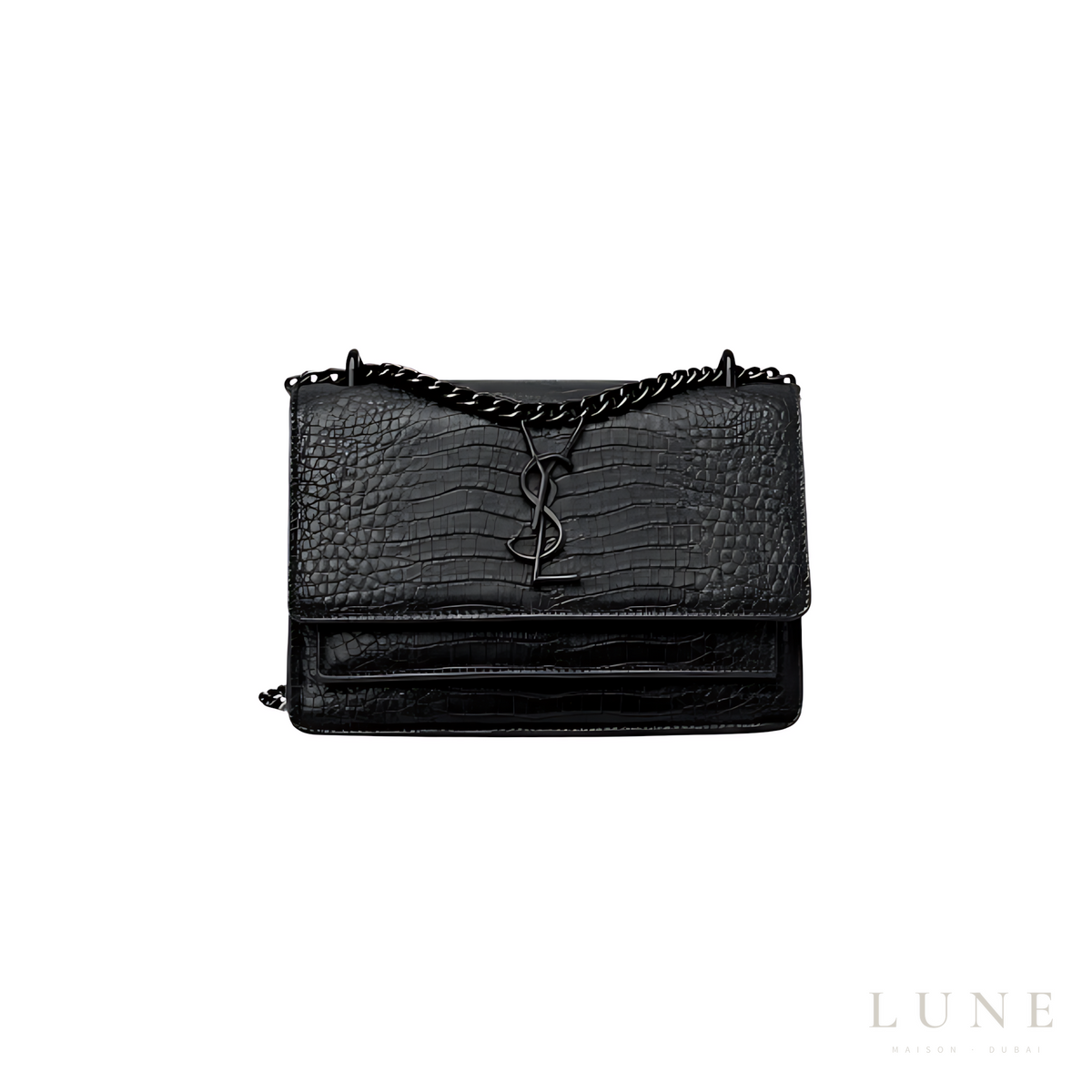 YSL Sunset Medium SO Black Croc-Embossed