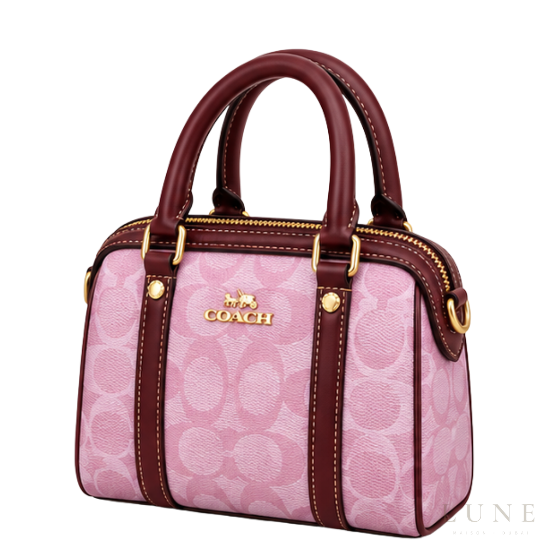 Coach Bag | Micro Rowan Satchel – Pink – Burgundy (Signature coated canvas with dark wine red leather trim)
