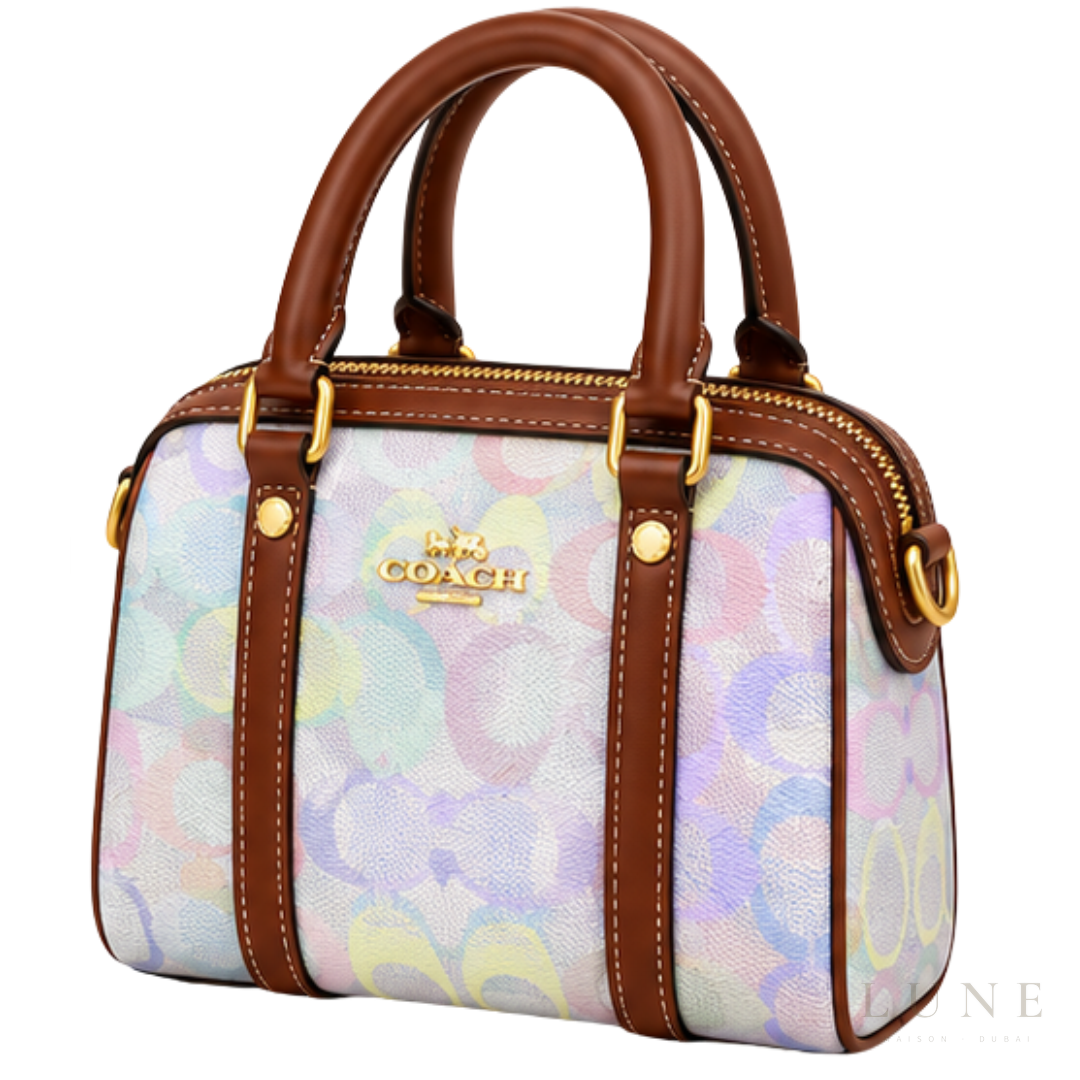 Coach Bag | Micro Rowan Satchel – Pastel Rainbow (Holographic Rainbow Signature canvas with brown leather trim)