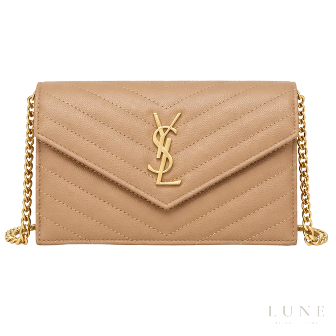 Saint Laurent Bag | (YSL) – Cassandre Matelassé Wallet on Chain (Envelope Chain Wallet) – Beige (Dark Beige – Dark Natural grain de poudre leather with gold-tone hardware)