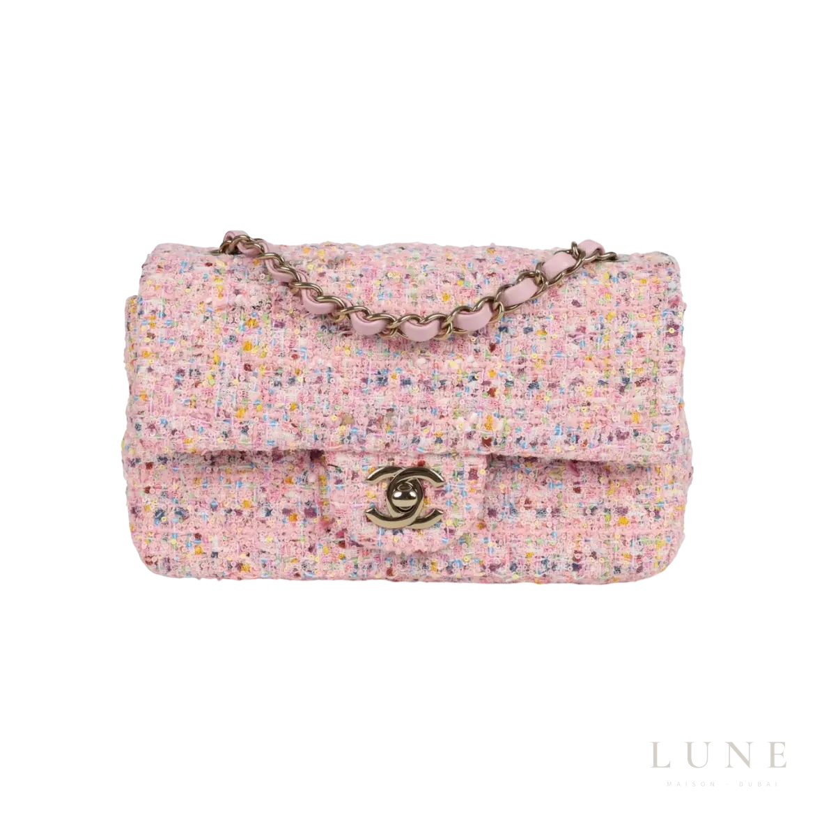 Chanel Mini Flap Bag Pink Tweed and Sequin Light Gold Hardware - View 1