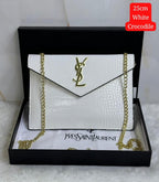 Saint Laurent Bag | (YSL) – Cassandra Medium Chain Wallet (Envelope Shoulder Bag) – White (Croc-Embossed Leather with gold-tone hardware)