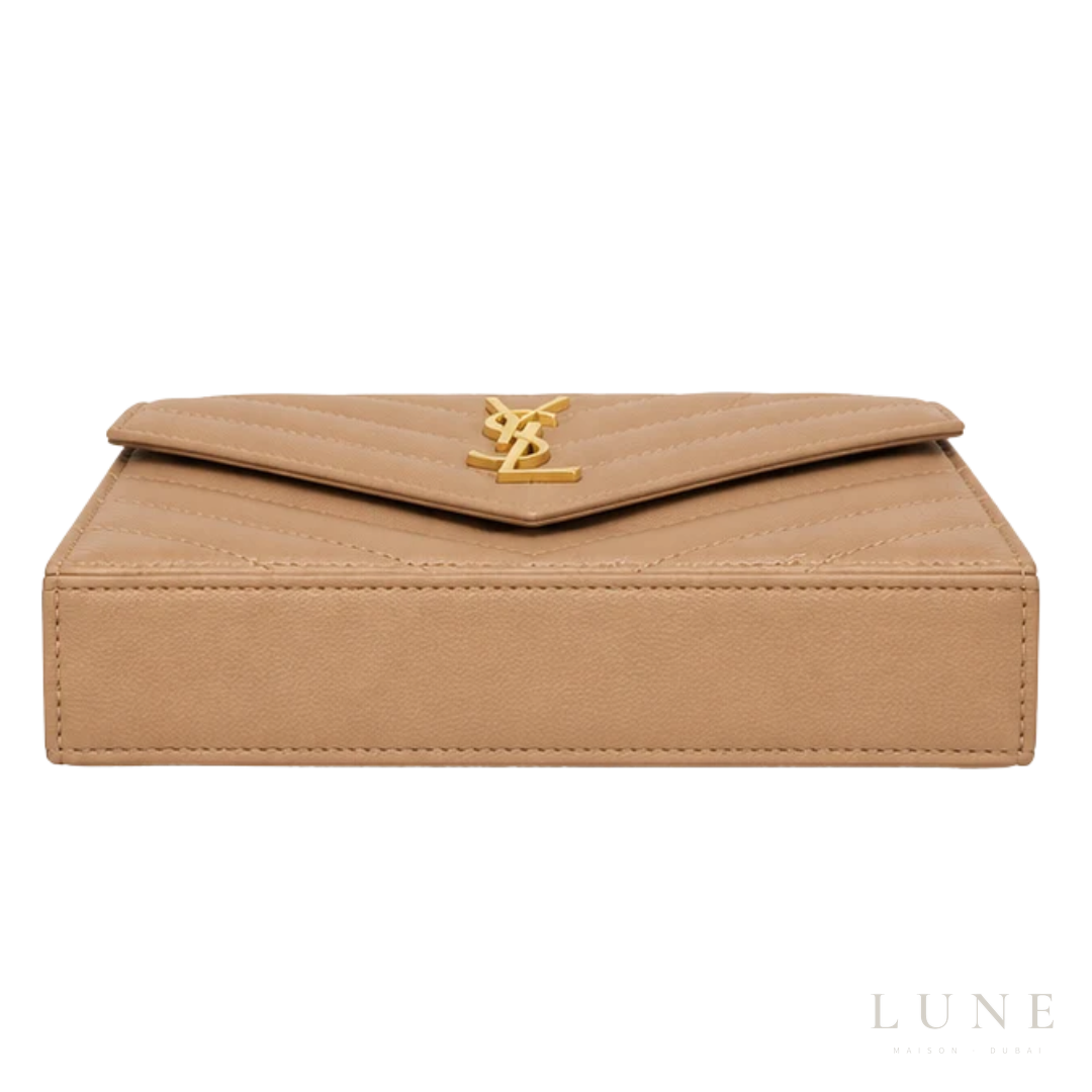 Saint Laurent Bag | (YSL) – Cassandre Matelassé Wallet on Chain (Envelope Chain Wallet) – Beige (Dark Beige – Dark Natural grain de poudre leather with gold-tone hardware)