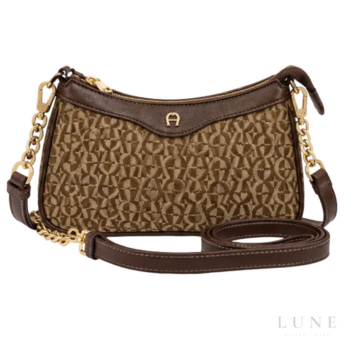 Aigner Bag | Leah Icon Pochette Shoulder Bag XS – Brown (Dadino monogram canvas with dark brown leather trim)