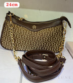 Aigner Bag | Leah Icon Pochette Shoulder Bag XS – Brown (Dadino monogram canvas with dark brown leather trim)