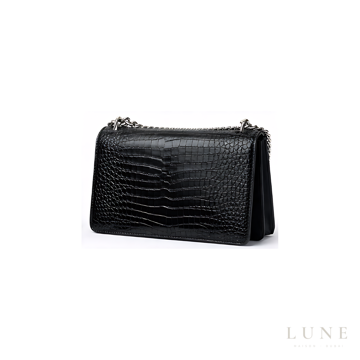 YSL Sunset Medium Black Croc-Embossed