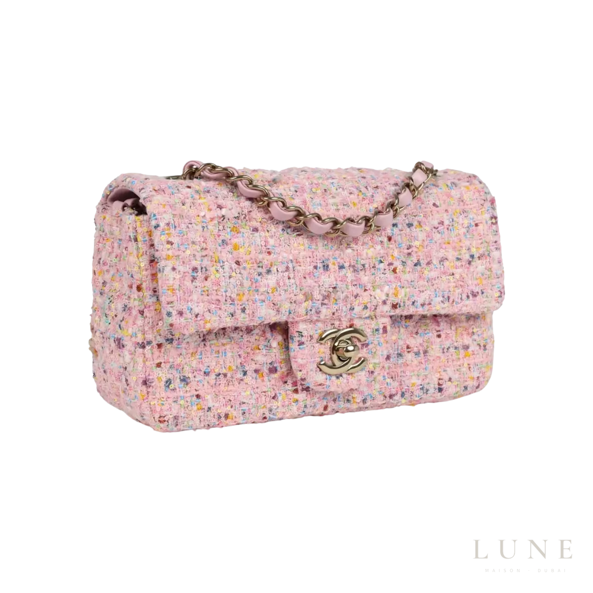 Chanel Mini Flap Bag Pink Tweed and Sequin Light Gold Hardware - View 2