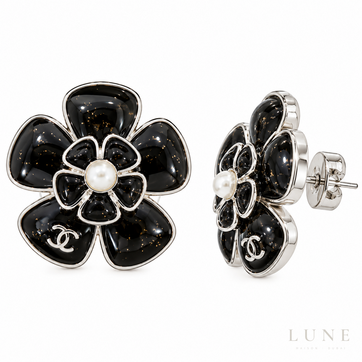 Chanel Black Camellia Pearl Earrings