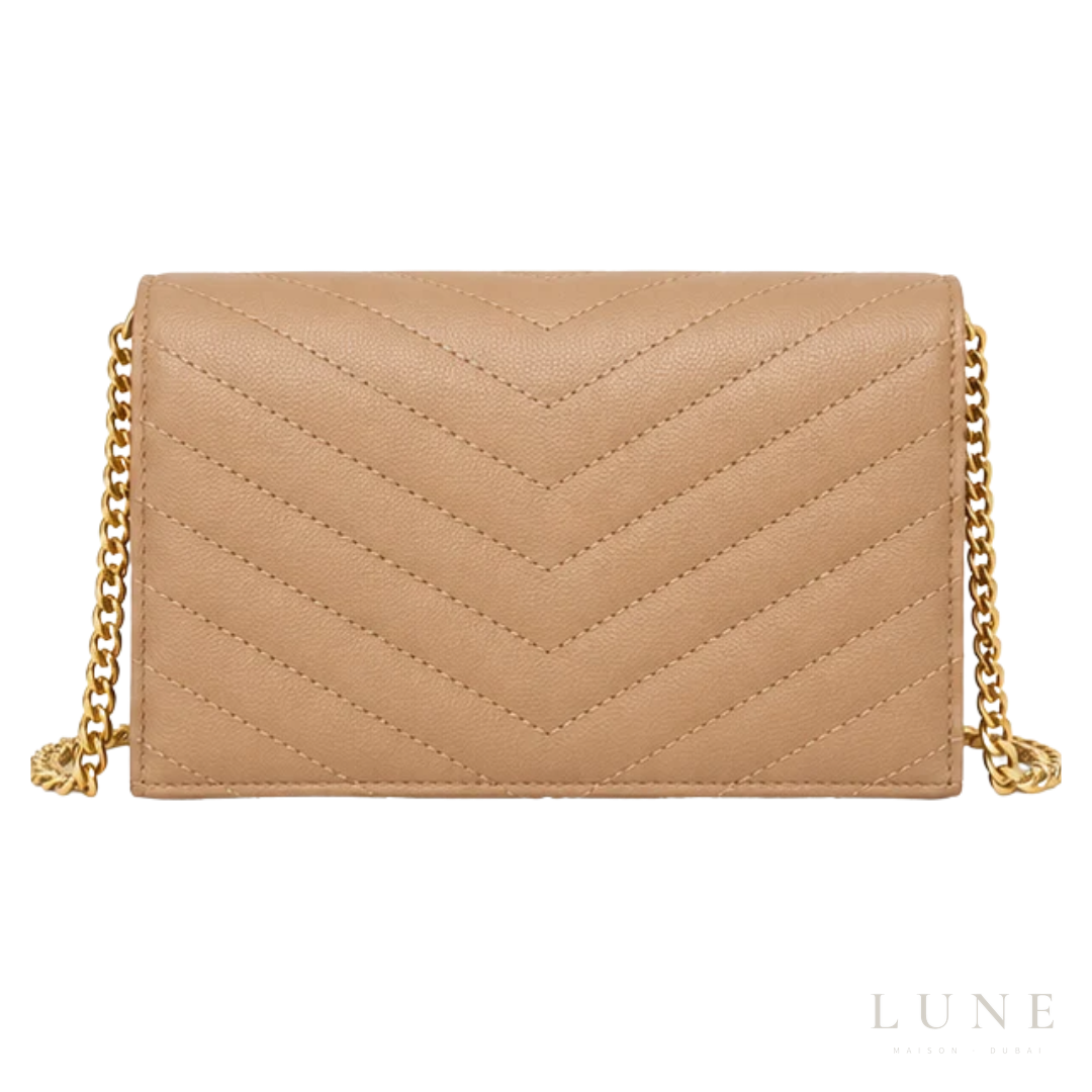 Saint Laurent Bag | (YSL) – Cassandre Matelassé Wallet on Chain (Envelope Chain Wallet) – Beige (Dark Beige – Dark Natural grain de poudre leather with gold-tone hardware)
