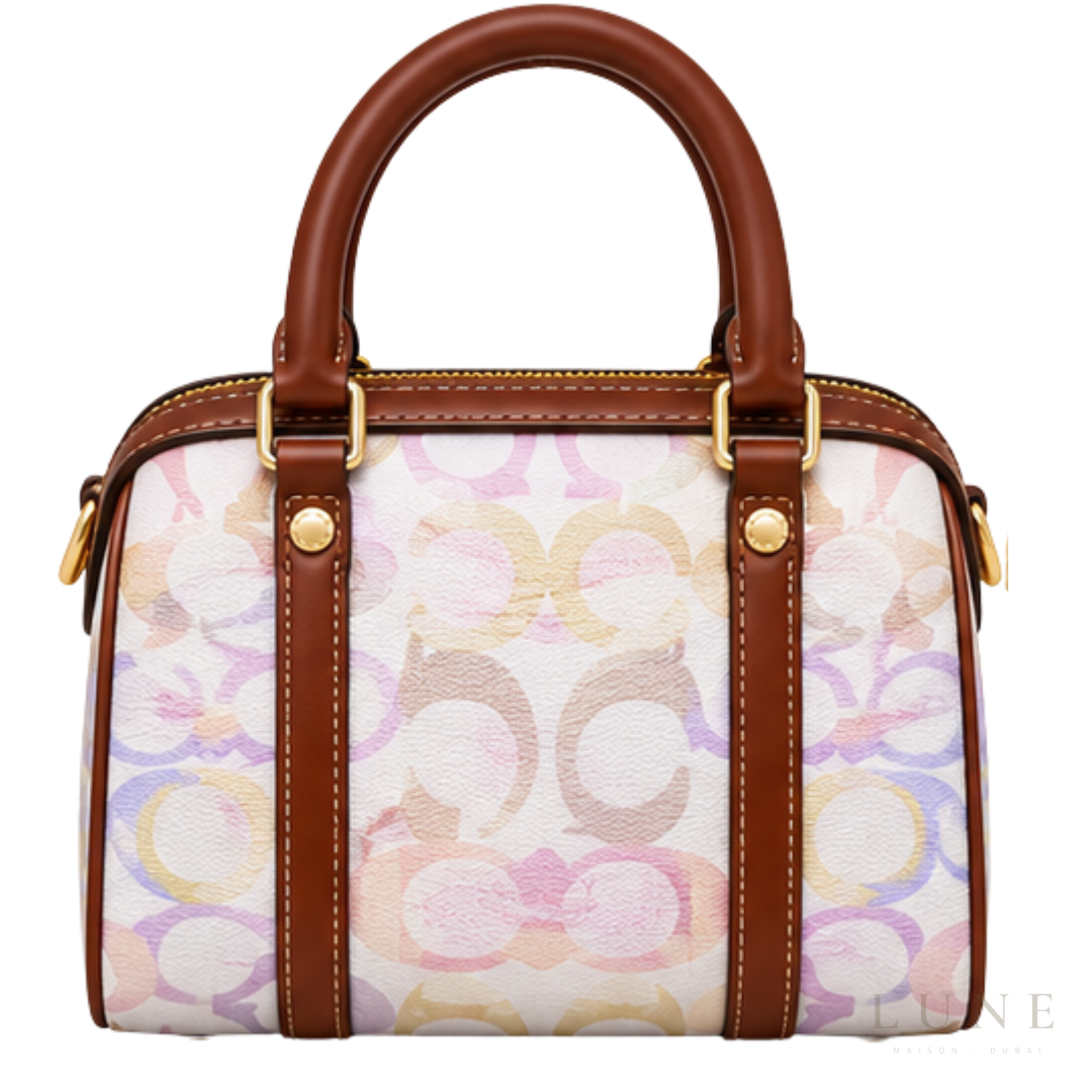 Coach Bag | Micro Rowan Satchel – Pastel Multicolor (Watercolor Signature canvas with tan leather trim)