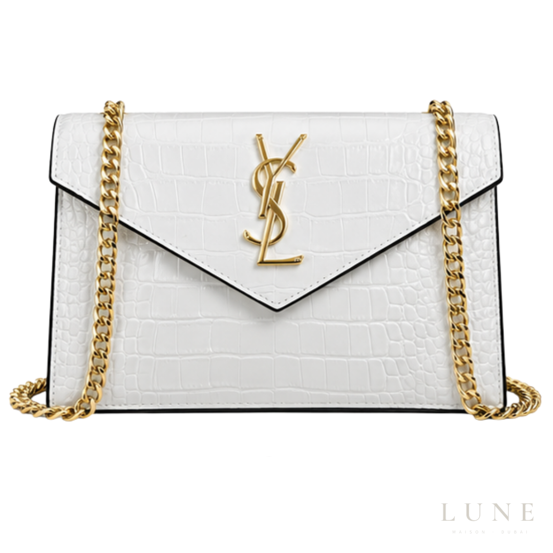 Saint Laurent Bag | (YSL) – Cassandra Medium Chain Wallet (Envelope Shoulder Bag) – White (Croc-Embossed Leather with gold-tone hardware)