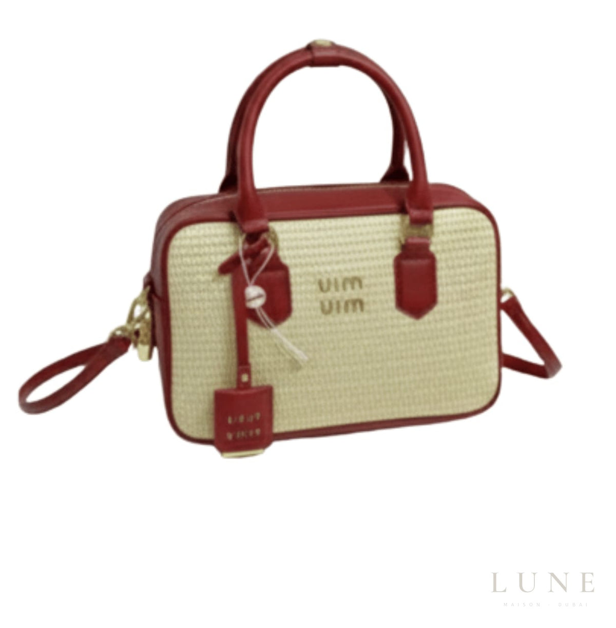 Miu Straw Zip-Up Handbag with Red Leather Trim and Handles