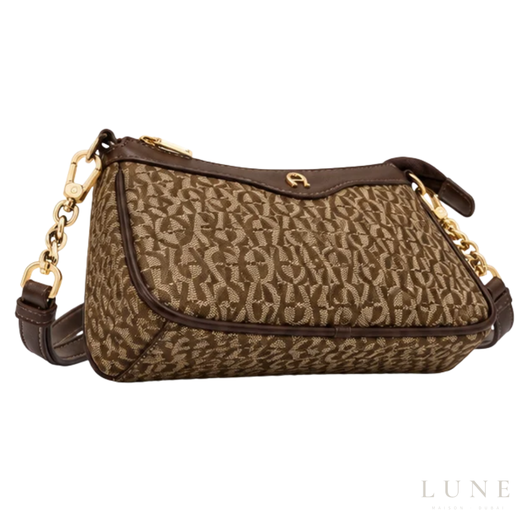 Aigner Bag | Leah Icon Pochette Shoulder Bag XS – Brown (Dadino monogram canvas with dark brown leather trim)