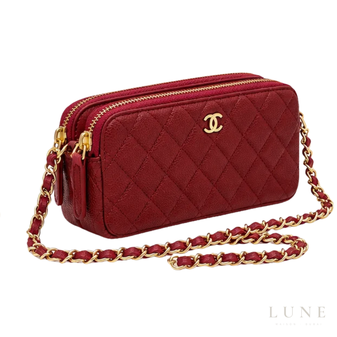 Chanel Bag | Double Zip Clutch with Chain (Wallet on Chain) – Burgundy (Quilted caviar leather with gold-tone hardware)