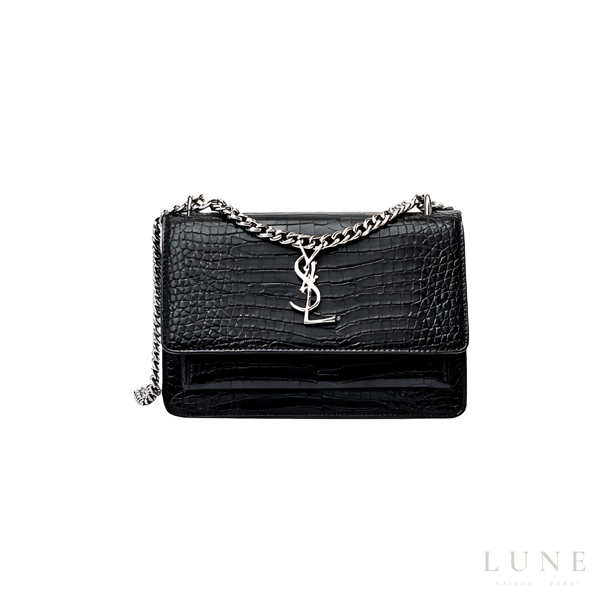 YSL Sunset Medium Black Croc-Embossed
