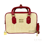 Miu Straw Zip-Up Handbag with Red Leather Trim and Handles