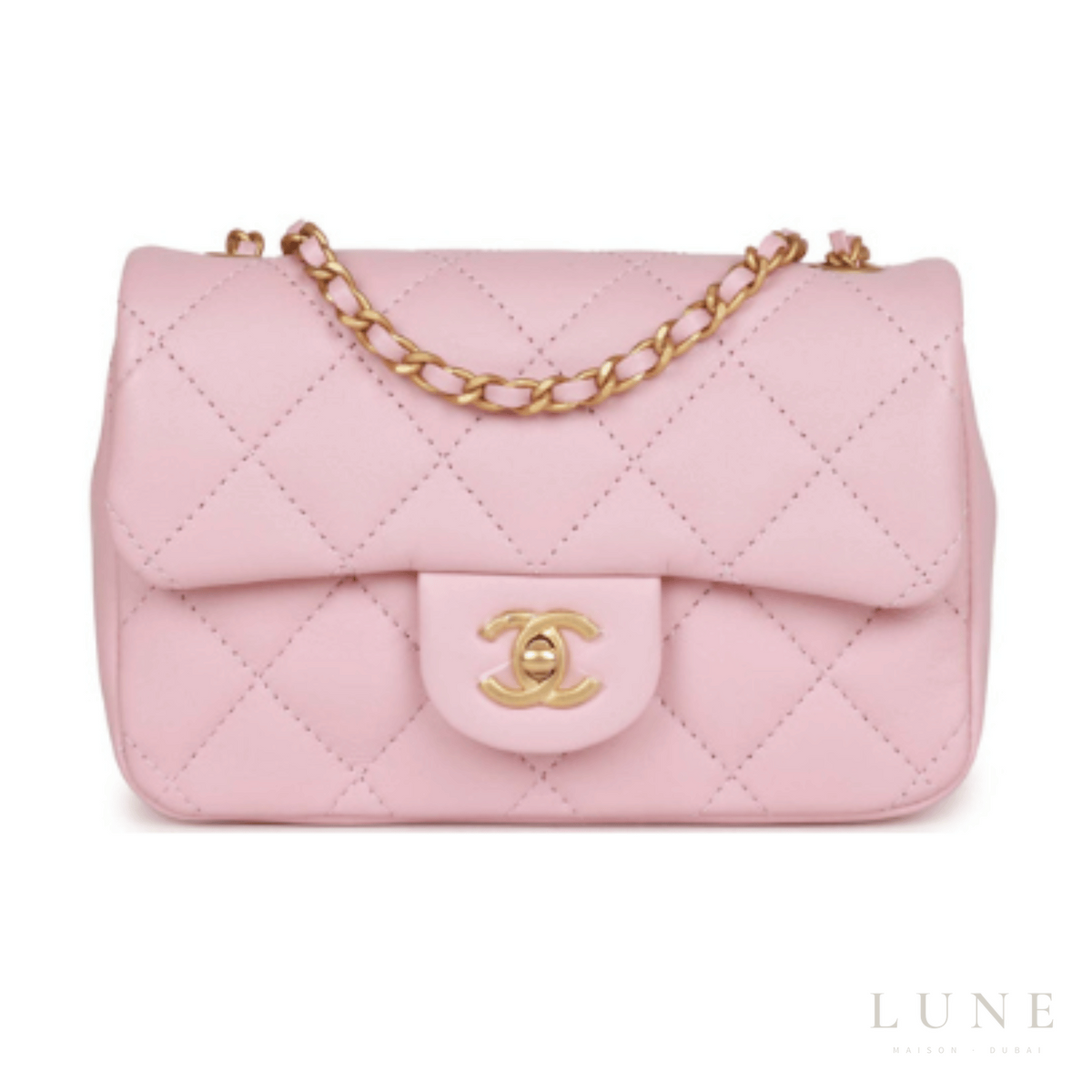 Chanel Mini Rectangular Flap Bag with Heart Chain - Pink Lambskin and Antique Gold-Tone Hardware