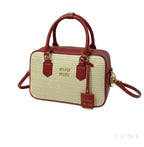 Miu Straw Zip-Up Handbag with Red Leather Trim and Handles