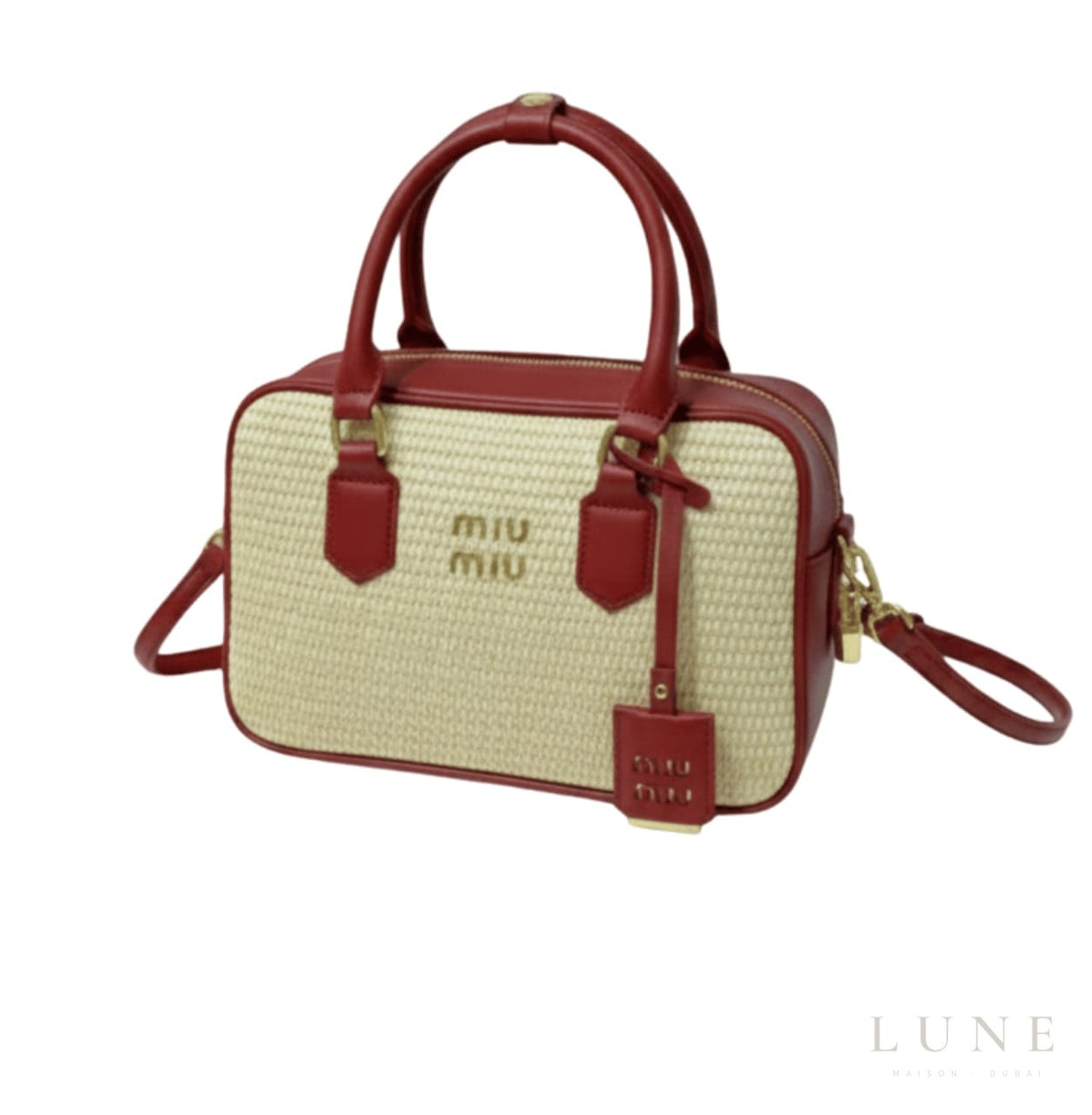 Miu Straw Zip-Up Handbag with Red Leather Trim and Handles