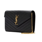 Saint Laurent Cassandre Envelope Chain Crossbody Bag - Black Grain De Poudre Leather