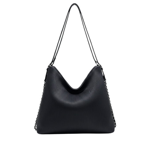 Chanel Hobo Shoulder Bag with A Ribbed Texture and Silver Chain Straps