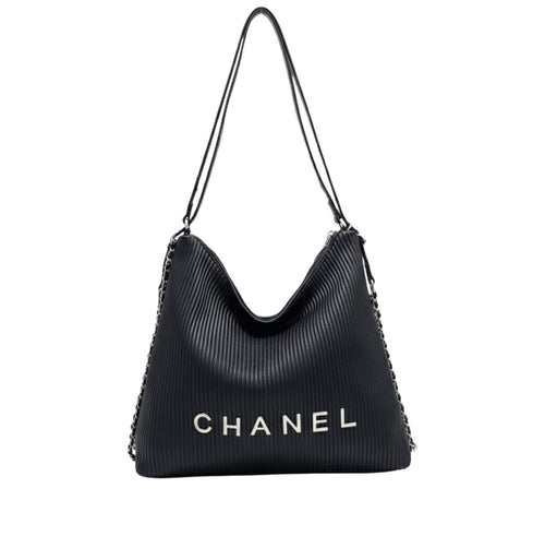 Chanel Hobo Shoulder Bag with A Ribbed Texture and Silver Chain Straps
