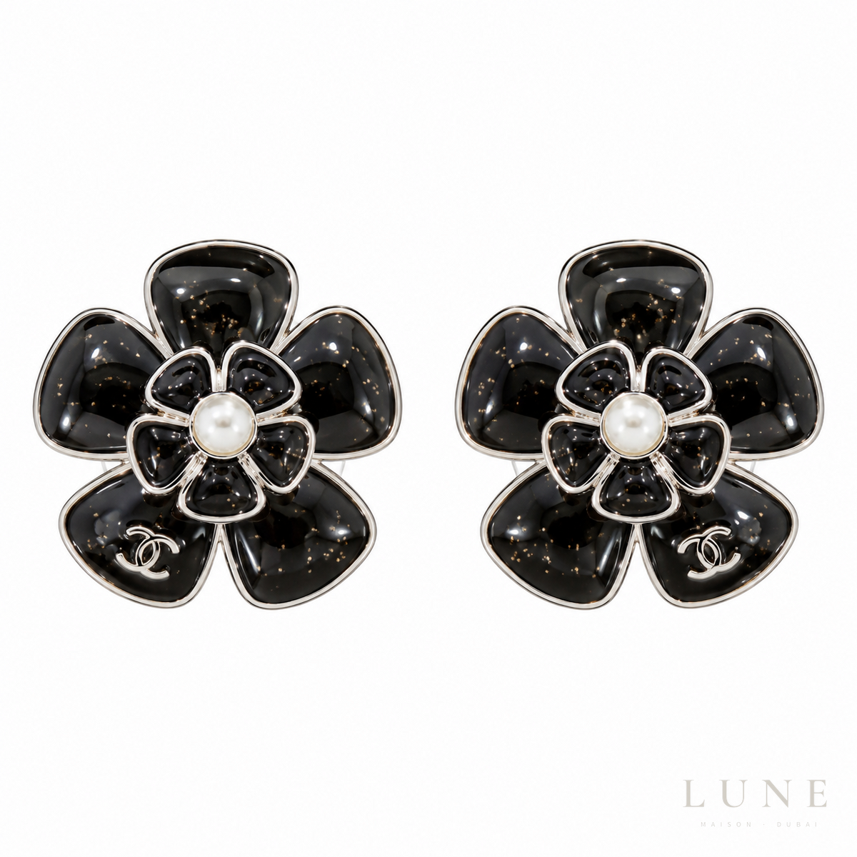Chanel Black Camellia Pearl Earrings