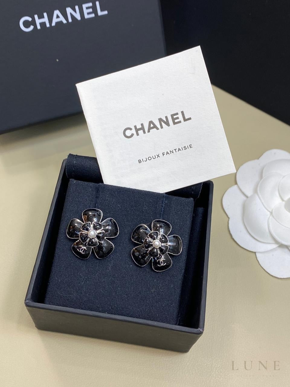 Chanel Black Camellia Pearl Earrings