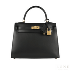 Hermès Kelly 28 Sellier Handbag - Black Box Calfskin Leather with Gold Hardware