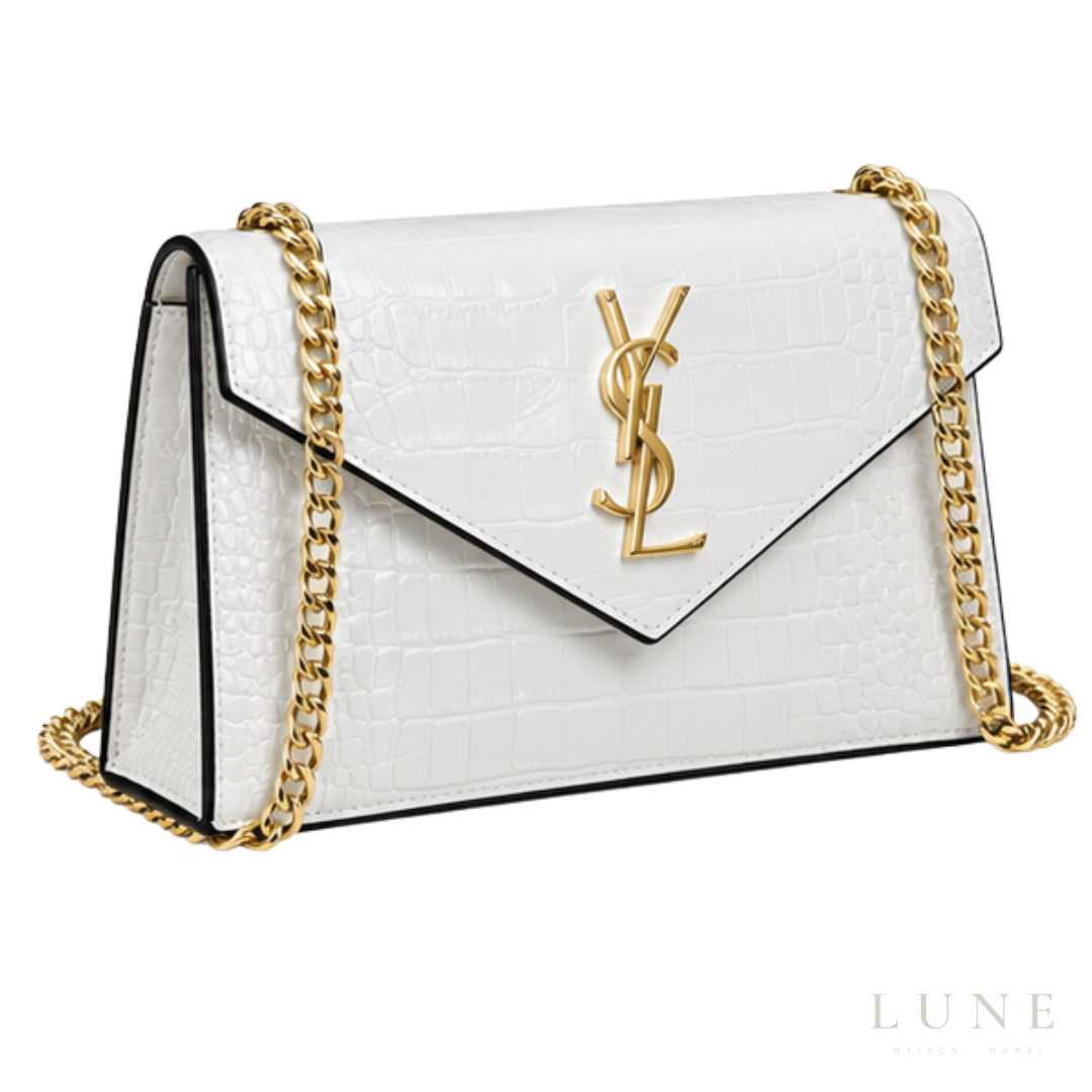 Saint Laurent Bag | (YSL) – Cassandra Medium Chain Wallet (Envelope Shoulder Bag) – White (Croc-Embossed Leather with gold-tone hardware)