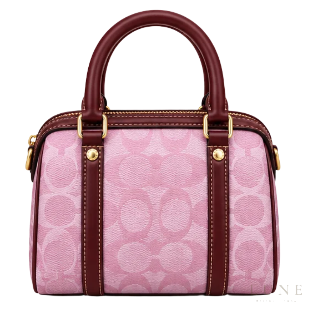 Coach Bag | Micro Rowan Satchel – Pink – Burgundy (Signature coated canvas with dark wine red leather trim)