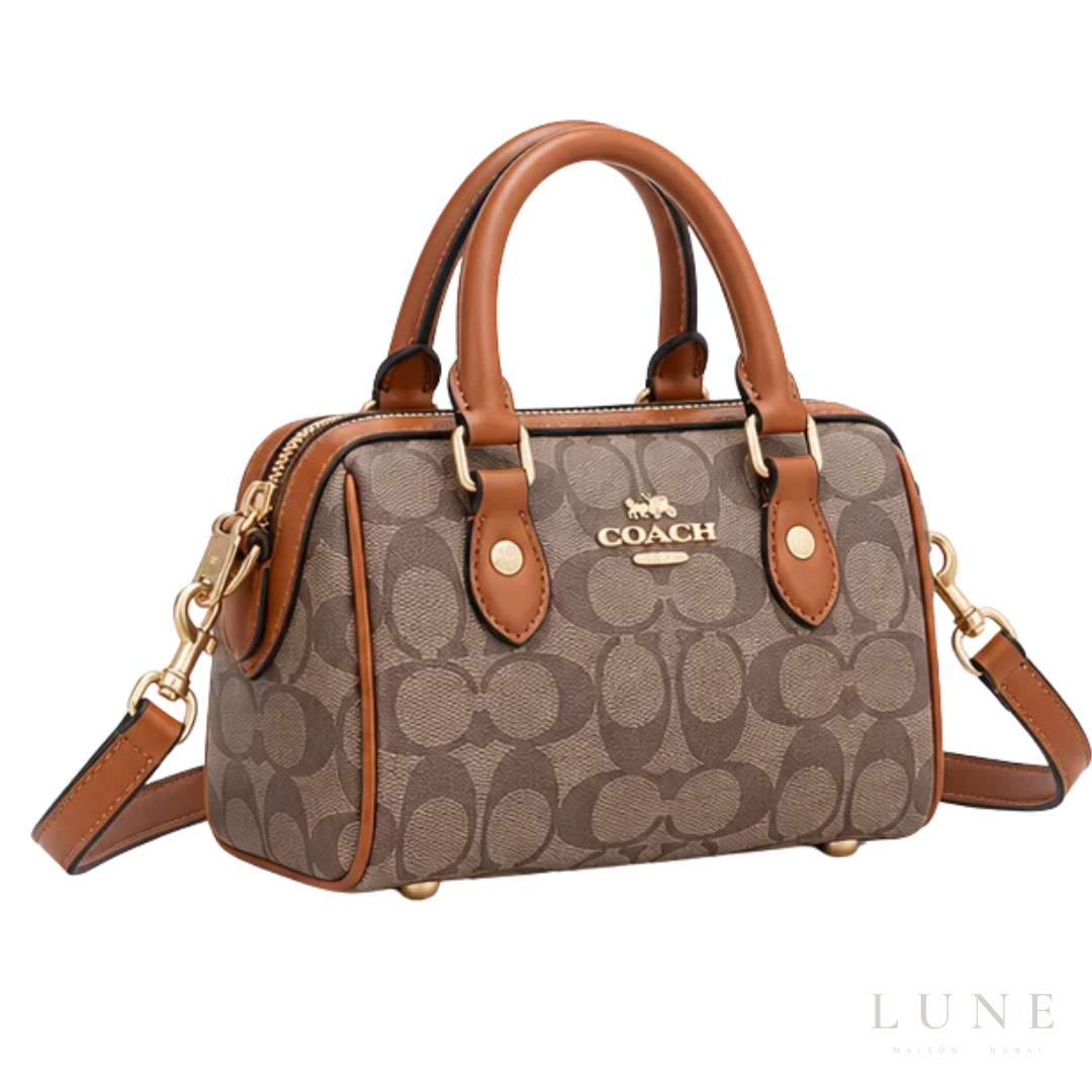 Coach Bag | Micro Rowan Satchel – Khaki – Saddle (Signature coated canvas with brown leather handles and trim)